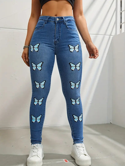 Women's Y2K Washed Blue Denim Jeans with Butterfly Print & High Stretch Skinny Fit - Slash Pocket Design