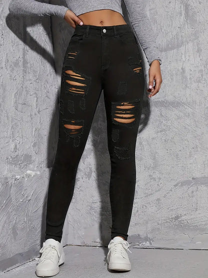 Black Slim Fit Skinny Jeans, Ripped Holes Distressed Slight Stretch Denim Pants, Women's Denim Jeans & Clothing