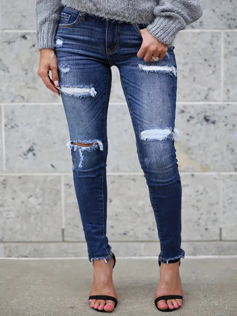 Women's Dark Blue Ripped Denim Jeans with Raw Hem and Slash Pockets - Casual and Stylish!