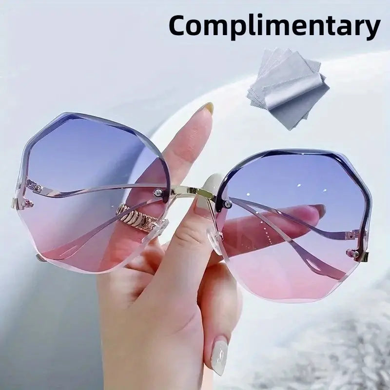 Stylish and Safe: Women's Rimless Cut Edge Sunglasses with UV Protection and Ocean Gradient Tea Pink Tint!