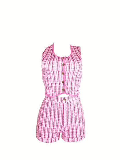 Casual Plaid Two-piece Set, Sleeveless Round Neck Blouse & Fashion Shorts Set, Women's Clothing