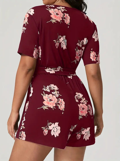 Plus Size Casual Romper, Women's Plus Floral Print Short Sleeve Surplice Neck Romper With Belt