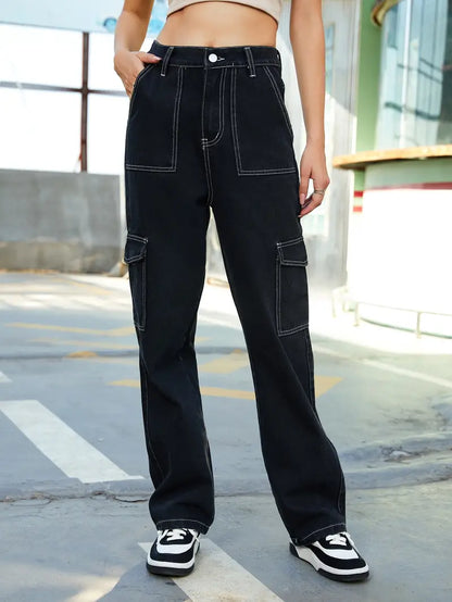 Contrast Seam Multi Pocket High Rise Denim Cargo Pants, Black Side Flap Pocket Loose Straight Leg Jeans, Women's Denim Jeans & Clothing