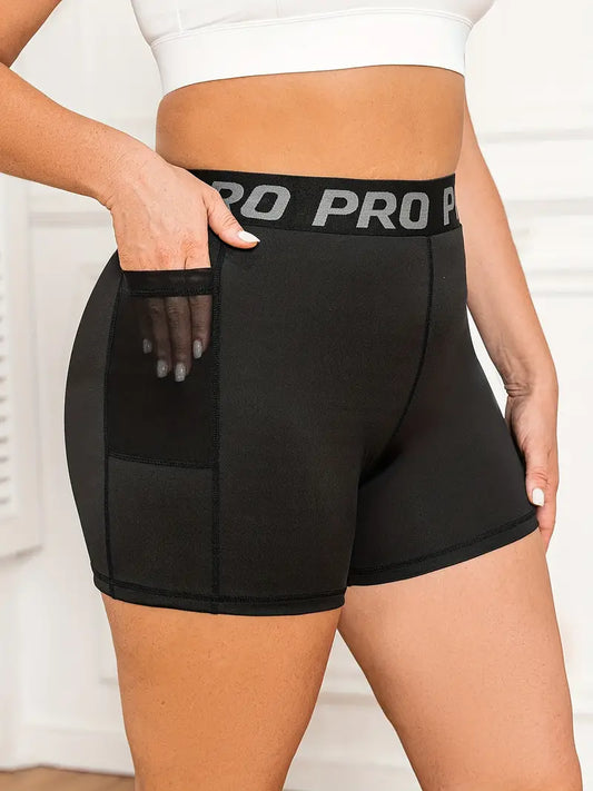 Short de sport grande taille pour femmes, short slim taille haute, extensible, avec passepoil à bande de lettres, maille contrastée, avec poches 