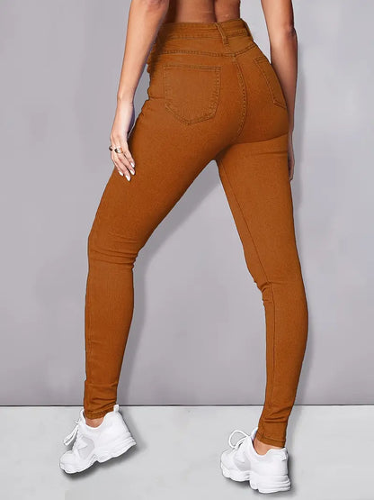 Light Brown Ripped Denim Pants, Plicated Hem Slash Pockets Jeans, Women's Denim Jeans & Clothing