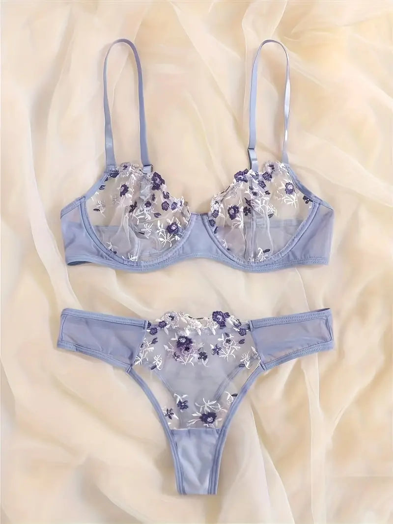 Floral Embroidery Lingerie Set, Ultra-thin Unlined Bra & Mesh Thongs, Women's Lingerie & Underwear