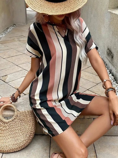 Striped Notched Neck Dress, Casual Short Sleeve Dress For Spring & Summer, Women's Clothing