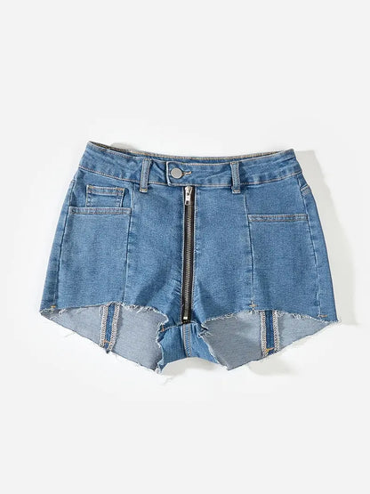 High Low Zipper Stretchy Denim Shorts, Patch Pockets Raw Hem Short Denim Pants, Women's Denim Shorts & Clothing