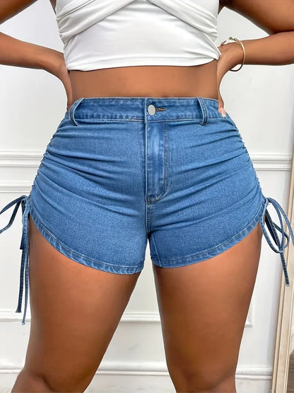 Drawstring Tie Side High Ride Denim Shorts, Ruched Solid Color Zipper Button Closure Trendy Denim Shorts, Women's Denim Jeans & Clothing