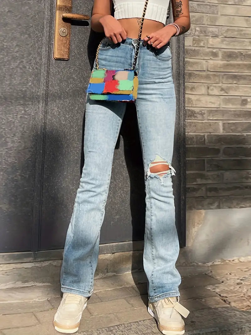 Blue High Waist Flared Jeans, Ripped Holes Slash Pockets Boot-Cut Denim Pants, Women's Denim Jeans & Clothing