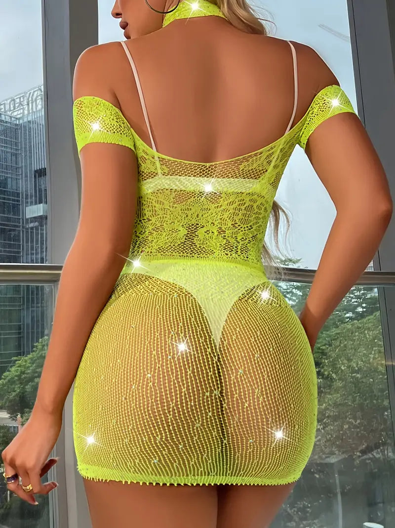 Stunning Fish Net Teddy Dress, Hollow Out Party Dress With Chocker, Women's Lingerie & Dresses