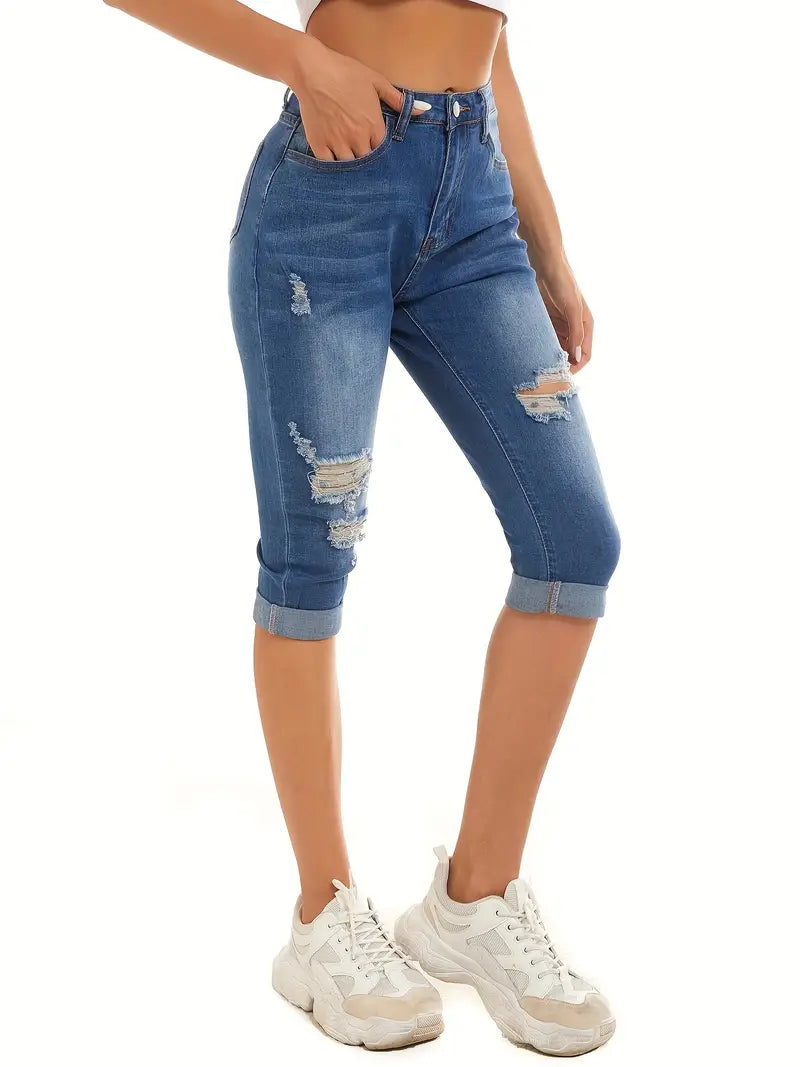 Blue Ripped Holes Capris Jeans, Slim Fit Mid-Stretch Cropped Denim Pants, Women's Denim Jeans & Clothing