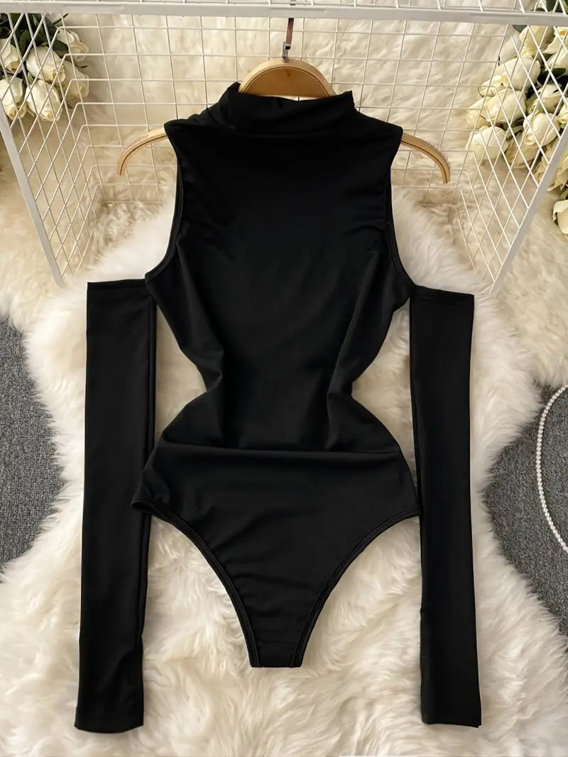 High Neck Cold Shoulder Bodysuit, Long Sleeve Sexy Cut Out Casual Bodysuit For Spring & Fall, Women's Clothing