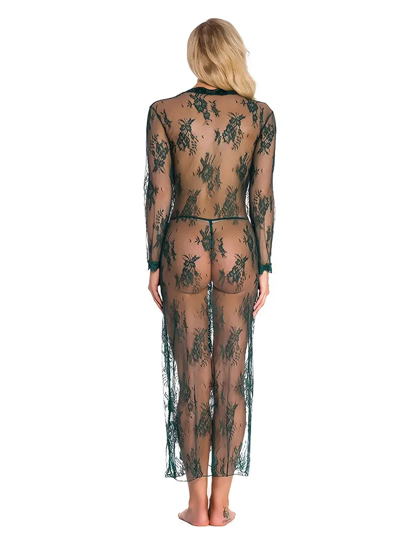 Lingerie For Women Long Lace Front Open Semi-Sheer Mesh Night Robe Sleep Lingerie