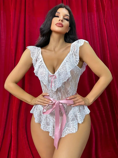 Romantic Floral Lace Lingerie Set, Long Sleeve Mesh Robe & Bow Decor Ruffle Bodysuit, Women's Sexy Lingerie & Underwear