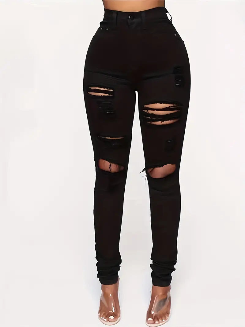 Black Ripped Holes Skinny Jeans, Slim Fit Distressed High Waist Stylish Casual Denim Pants, Women's Denim Jeans & Clothing