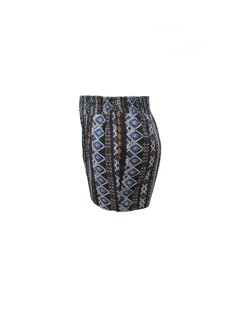 Plus Size Boho Shorts, Women's Plus Tribal Print Elastic Waist Wide Leg Vacay Shorts