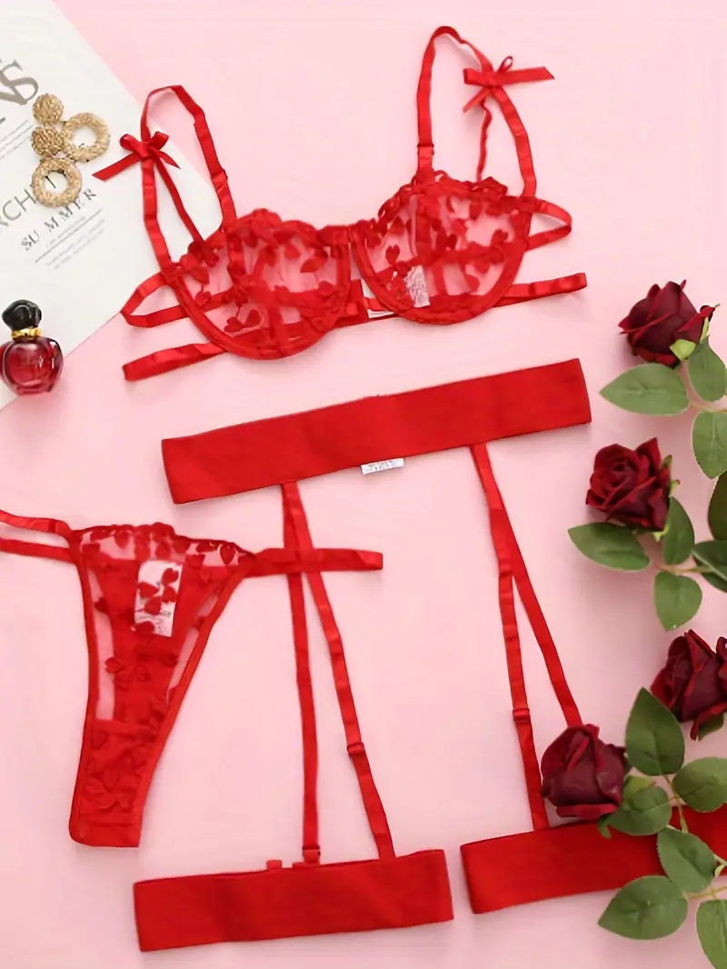 Feel Sexy & Confident in this 3-Piece Lace Embroidery Mesh Lingerie Set!