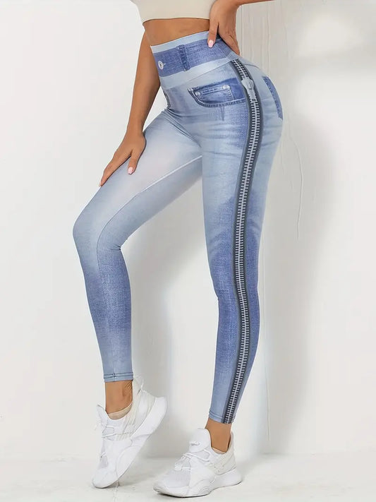 Fashion High Waist Imitation Denim Leggings, Skinny Fitness Yoga Tight Pants, Women's Activewear