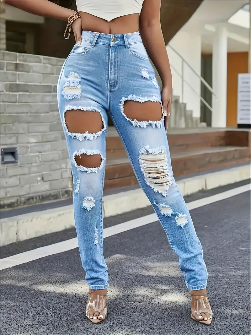 Ripped Slim Fit Denim Pants, Light Blue Distressed Slant Pocket Jeans, Women's Denim Trousers