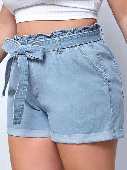 Plus Size Casual Denim Shorts, Women's Plus Solid Elastic Paperbag Waist Roll Hem High Rise Denim Shorts With Belt