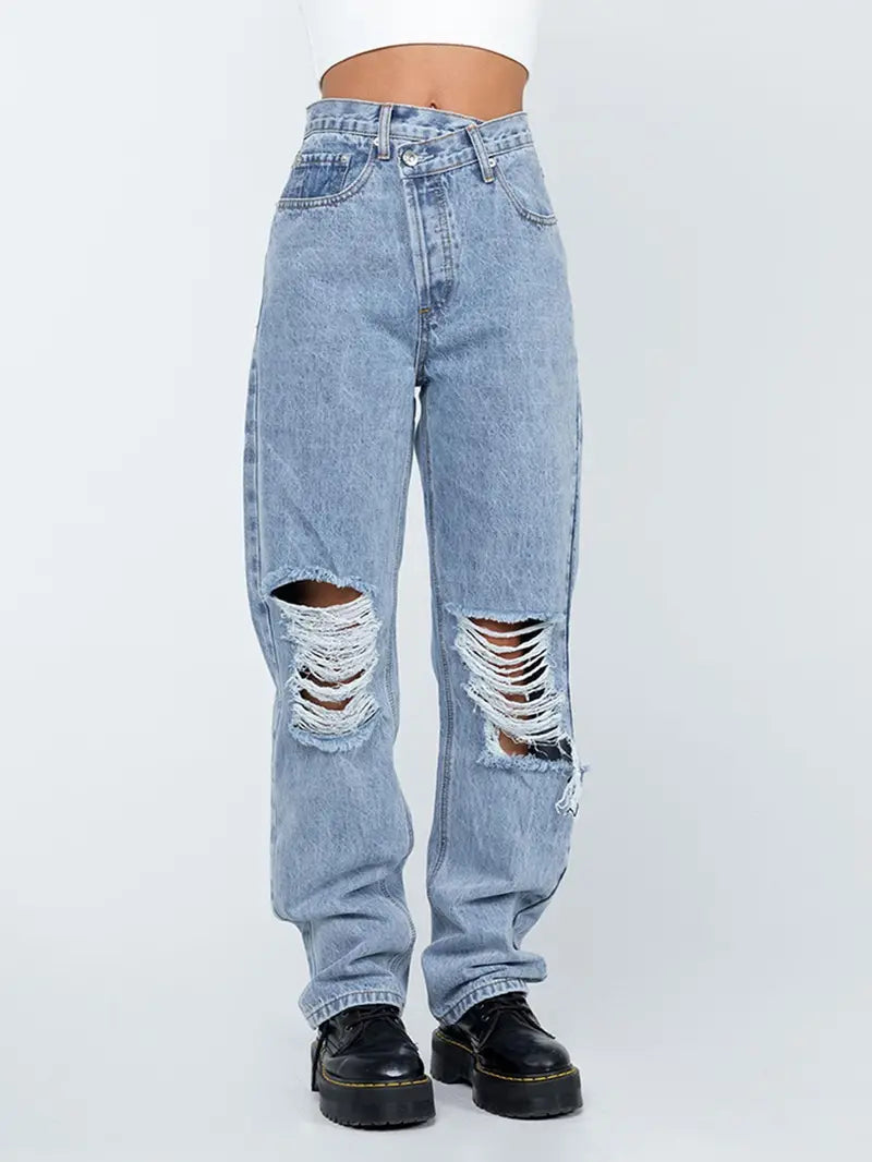 Ripped Holes Distressed Straight Jeans, Casual High Rise Wide Leg Baggy Denim Pants, Women's Denim Jeans & Clothing