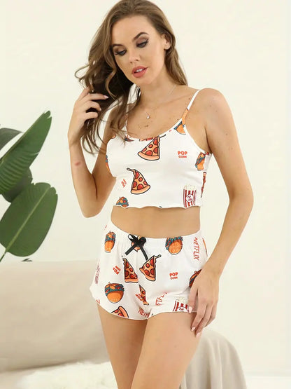 Women's Printed Bow Pajama Set - Look & Feel Comfy & Chic in this Sleeveless Cami & Fungus Trim Loose Shorts!