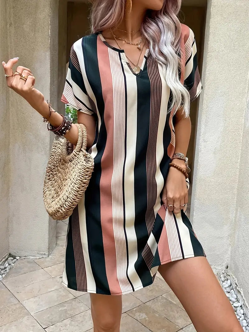 Striped Notched Neck Dress, Casual Short Sleeve Dress For Spring & Summer, Women's Clothing