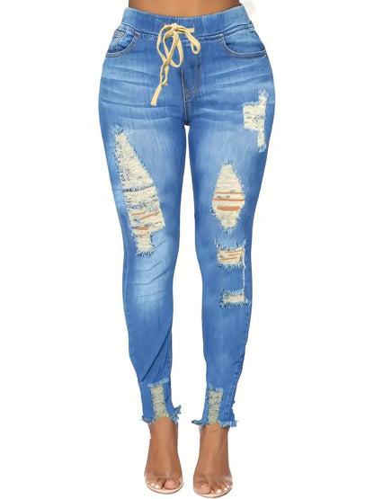 Blue Elastic Waist Skinny Jeans, Ripped Holes Frayed Hem Distressed Slim Fit Denim Pants, Women's Denim Jeans & Clothing