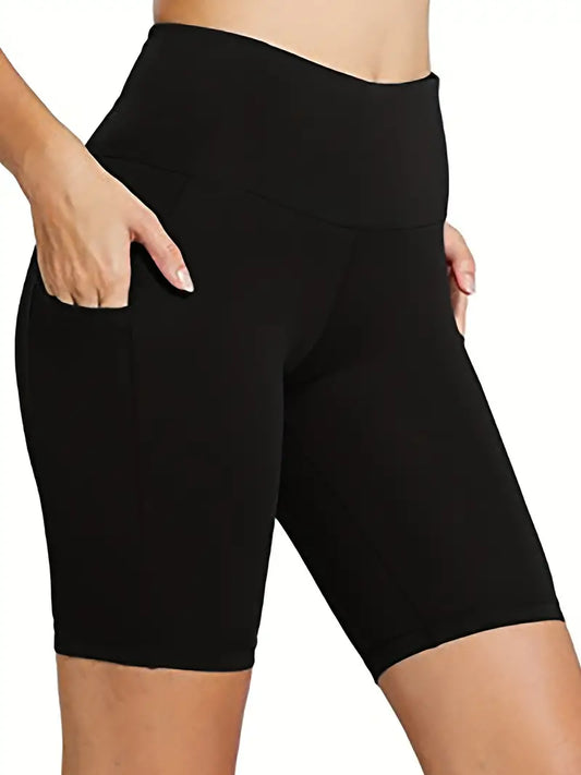 Plus Size Sports Shorts, Women's Plus Solid High Rise Slight Stretch Skinny Fitness Shorts With Pockets