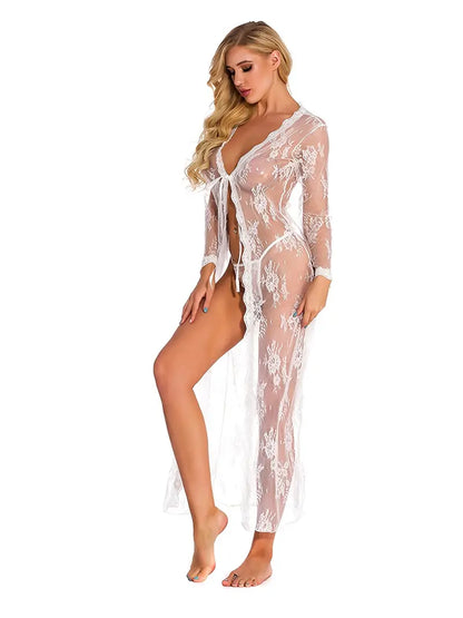 Lingerie For Women Long Lace Front Open Semi-Sheer Mesh Night Robe Sleep Lingerie