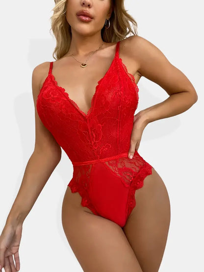 Body de encaje sexy con entrepierna a presión para mujer, Babydoll de encaje de una pieza con escote en V profundo 