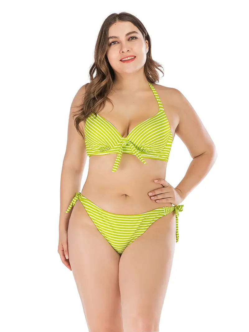 Ensemble de bikini sexy à rayures avec col licou et dos nu pour femme - Maillot de bain extensible moyen - Grande taille 