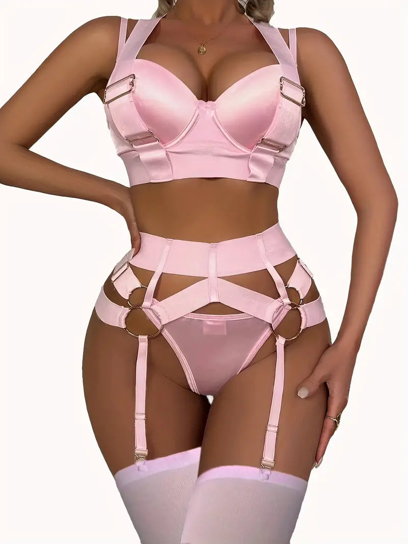 Romantic Ring Linked Lingerie Set, Bow Tie Push Up Bra & Thong Panties, Women's Sexy Lingerie & Underwear