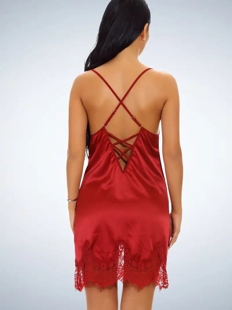 Women's Sexy Lace Stitching Nightdress with Deep V Criss Cross Back Spaghetti Strap Sleep Dress