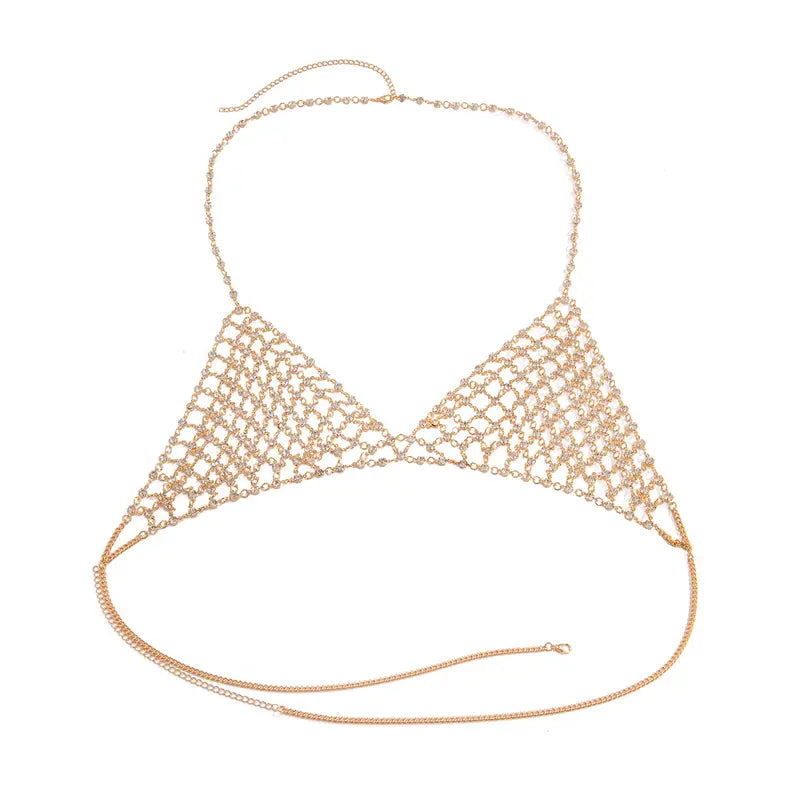 Ladies Sexy Inlaid Rhinestone Bikini Mesh Chest Chain Body Chain