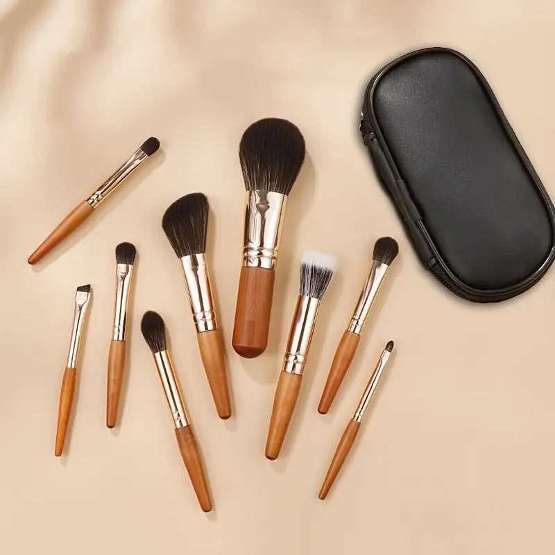 Deluxe 9-Piece Mini Makeup Brush Set - Powder, Blusher, Eye Shadow - Short Handle, Soft Nylon Bristles, Durable Wooden Rod - Alcohol-Free, All Skin Types, Compact Design - Girls & Women