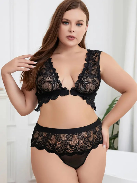 Flaunt Your Curves in This Sexy Plus Size Lingerie Set - Embroidered Lace Plunge Bra & Semi Sheer Briefs