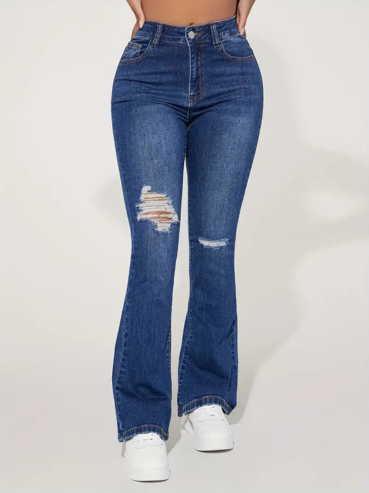 Ripped High Rise Flare Leg Jeans, Stretchy Slash Pocket Distressed Solid Color Bell Bottom Denim Pants, Women's Denim Jeans & Clothing