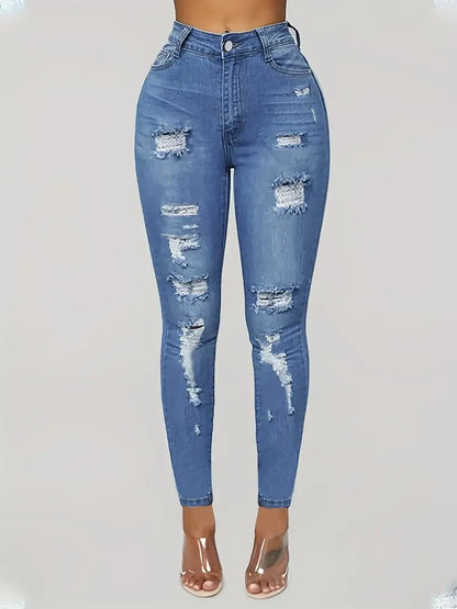 Blue Ripped Holes Skinny Jeans, Distressed Slim Fit High-Stretch Casual Denim Pants, Women's Denim Jeans & Clothing