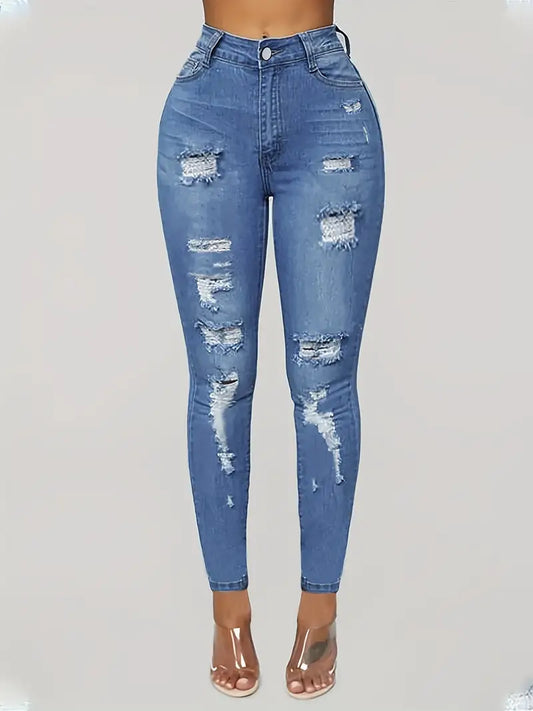 Blue Ripped Holes Skinny Jeans, Distressed Slim Fit High-Stretch Casual Denim Pants, Women's Denim Jeans & Clothing