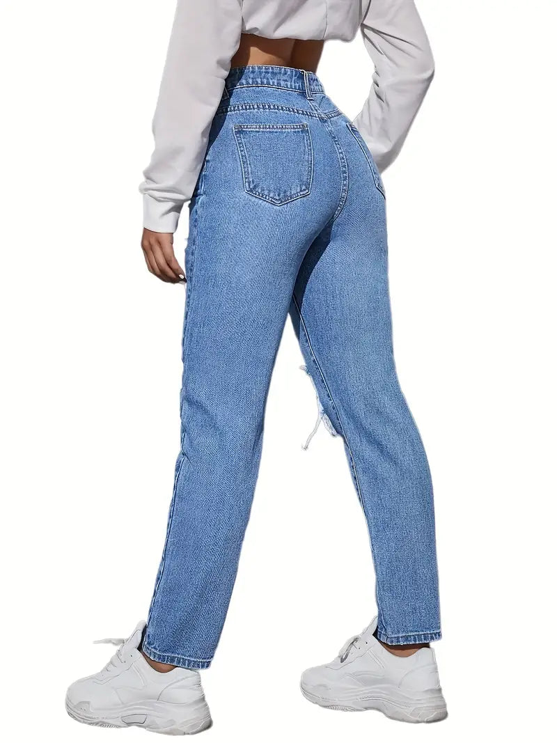 Blue Ripped Holes Straight Jeans, Distressed Slash Pockets Non-Stretch Mom Jeans, Women's Denim Jeans & Clothing