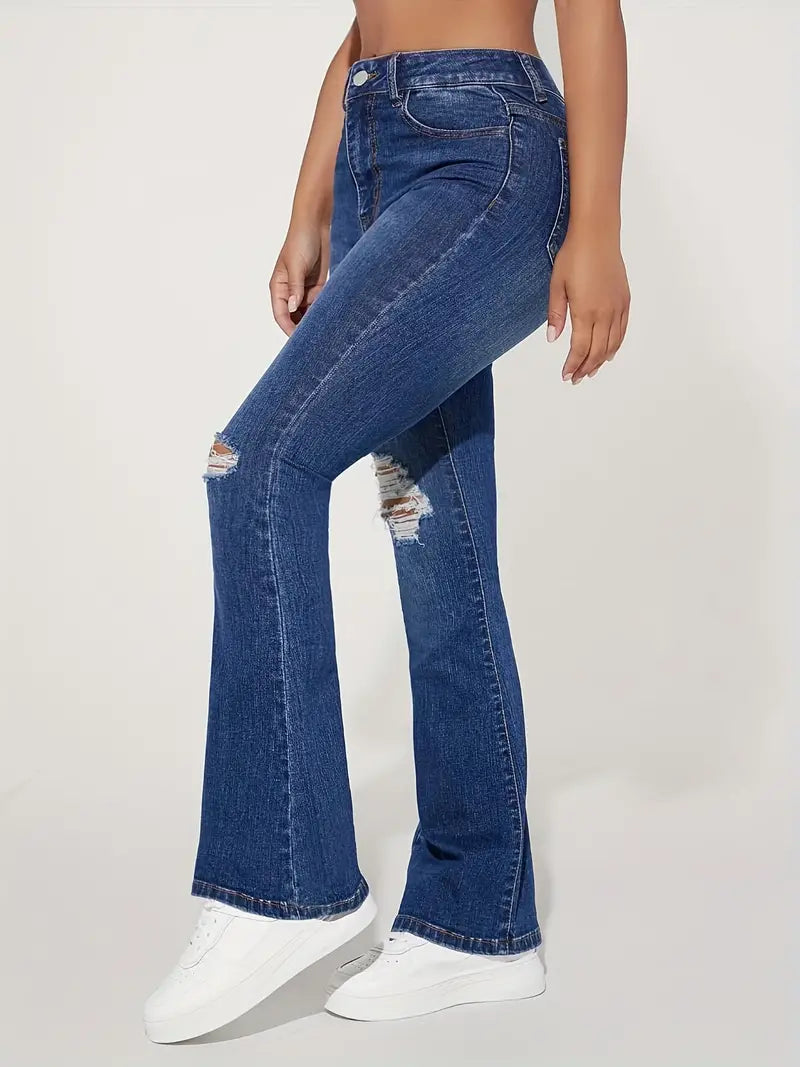 Ripped High Rise Flare Leg Jeans, Stretchy Slash Pocket Distressed Solid Color Bell Bottom Denim Pants, Women's Denim Jeans & Clothing