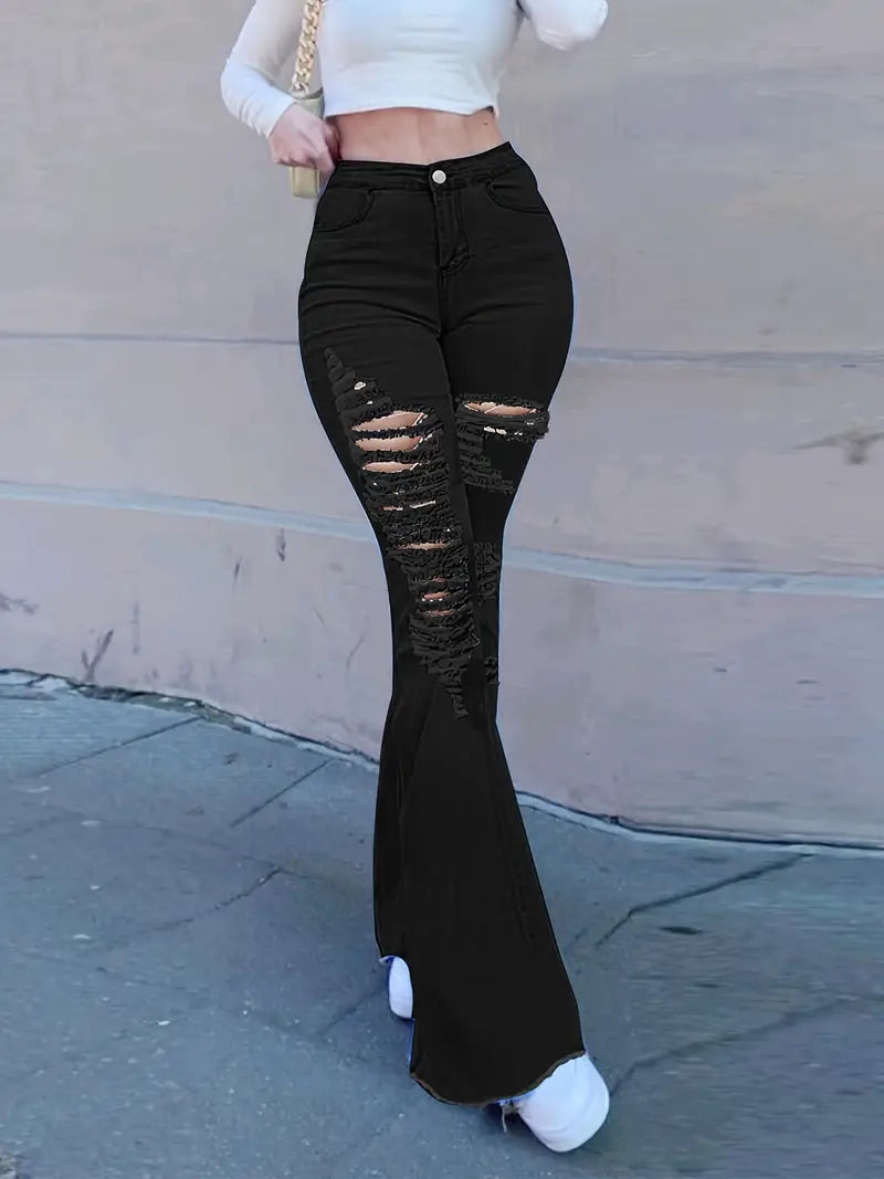 Women's Denim Jeans: Make a Statement with Fashion Black Ripped Flare Pants!