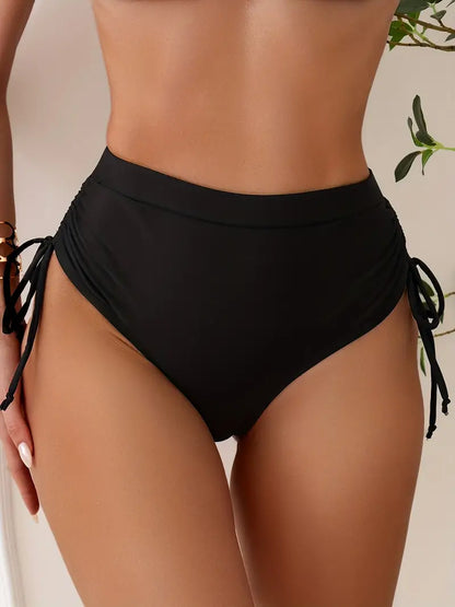 Black Ruched Drawstring Bikini Bottoms, Solid Color High Waist Tie Side Sexy Swim Briefs, Women's Swimwear & Clothing