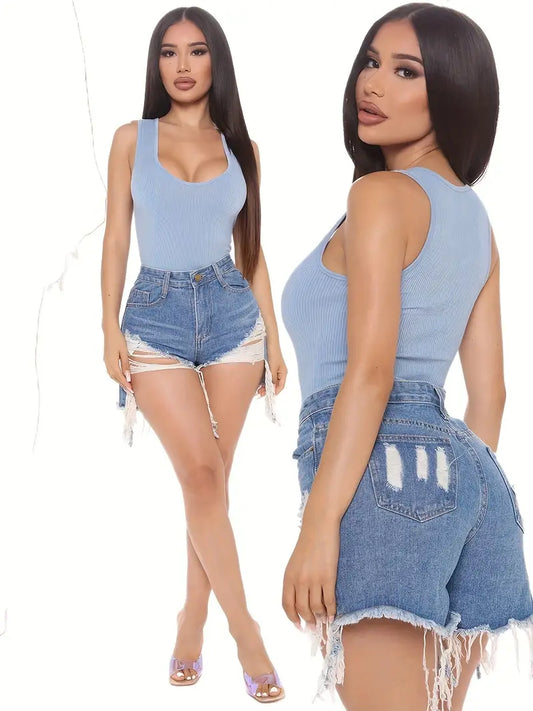 Blue Frayed Hem Denim Shorts, Ripped Holes Slim Fit Slant Pockets Versatile Denim Shorts, Women's Denim Jeans & Clothing