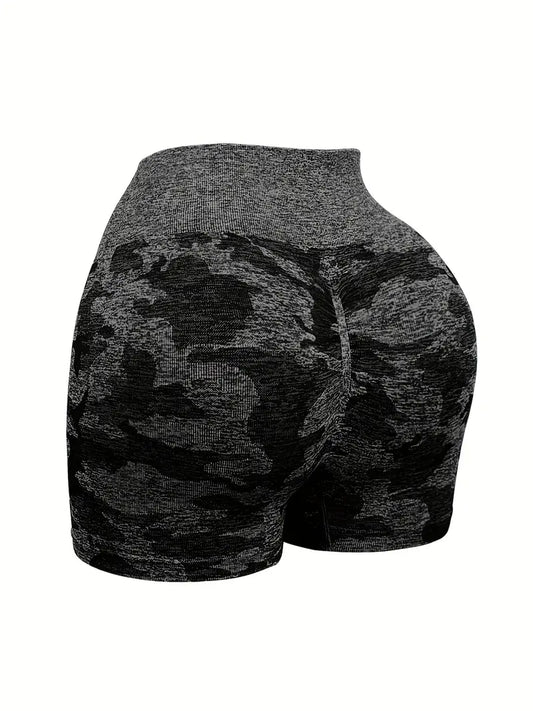 Plus Size Sports Shorts, Women's Plus Camo Print High Rise Stretchy Ruched Yoga Shorts