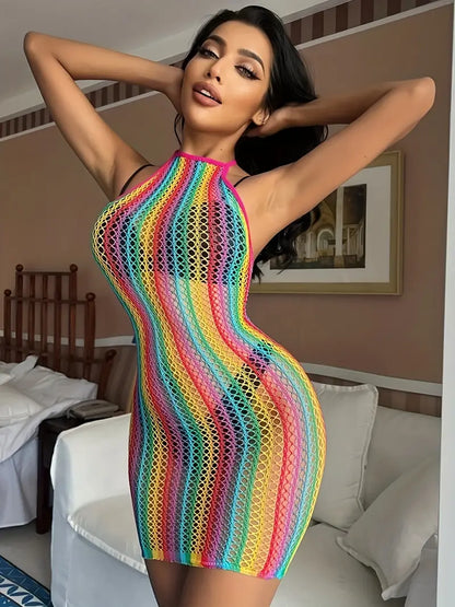 Multicolored Hollow Out Dress Without Bikini, Halter Neck See Through Backless Cover Up Dress, Women's Swimwear & Clothing