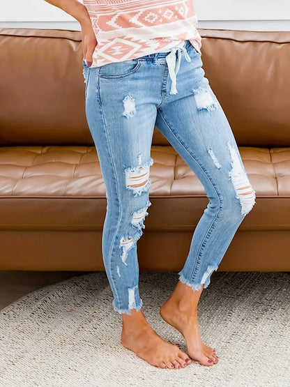 Ripped Drawstring Waist Cropped Jeans, Raw Hem Distressed Stretchy Street Style Skinny Denim Pants, Women's Denim Jeans & Clothing