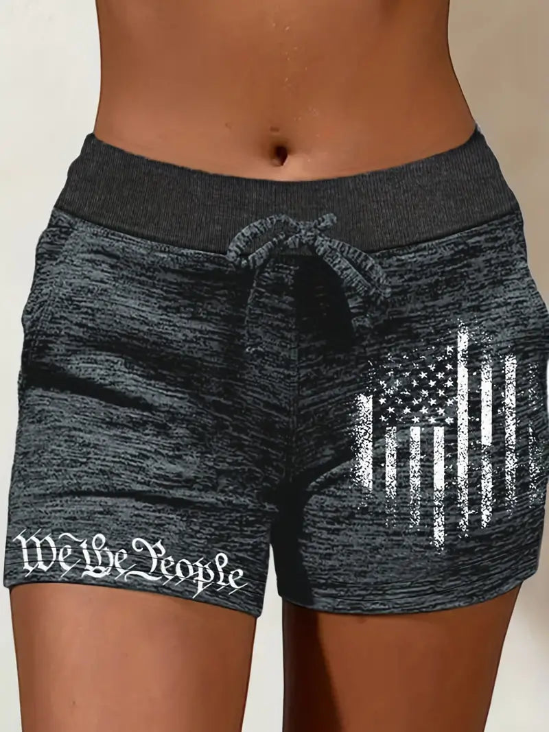 Flag & Letter Print Dual Pockets Shorts, Casual Fake Drawstring Shorts For Summer, Women's Clothing